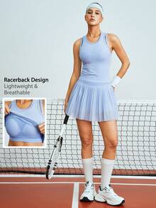 Leorrey 1 Set Women's Fashion Round Neck Padded Camisole, Pleated Anti-Flashing Undershirt With Pocket, Tennis Outfit