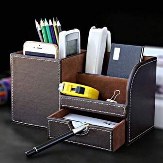 Soporte para bolígrafos multifuncional minimalista negro con cajón, caja de almacenamiento de papelería y herramientas para teléfono móvil de cuero