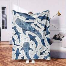 [Cozy Comfort] Ocean Blue Whale Shark Flannel Throw Blanket - Soft, Comfortable, And Stylish With Marine Animal Design For Decor, All-Season Use, Machine Washable, Ocean ThemePerfect Nap, Camping, Travel, Home, Daily Life, Office Decoration, Birthday, Anniversary, Valentine's Day, Thanksgiving, Christmas, Halloween, Mother's Day, Father's Day, Wedding, New Year Gifts ,Sofa,Bed,Car,Bedroom,Living Room,Office, Outdoor Camping, Beach,Wall Decoration - 彩色 - 查看 3