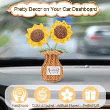 1 szt. Ręcznie robiony żółty i brązowy słonecznik w wazonie na szydełku (14,5 cm/5,7 cala * 11,4 cm/4,5 cala) - 2-głowy słonecznika na drutach z szydełkowym wazonem, idealny do dekoracji deski rozdzielczej samochodu/biurka/półki, idealny prezent na Walentynki/Dzień Matki/Święto Dziękczynienia/urodziny/rocznicę/letnią imprezę. Akcent domowy.
