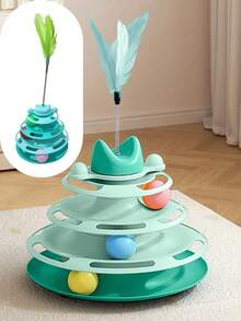 1pc Cat Toy Teaser Wand Cat Turntable Self-Entertainment Ball 3-Layer Track Plate For Kitten & Pet, Some Accessories (Feathers, Small Balls) Are Random In Color And Style