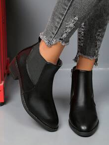 Women's Autumn/Winter New Side Zipper Chelsea Ankle Boots, Fashionable & Comfortable Black Elastic Pointed Toe Chunky Heel Western Boots