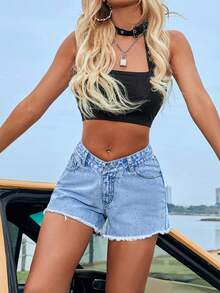 Happy Girl休闲牛仔短裤，时尚百搭设计，适合春夏穿着，也适合度假、日常穿着、旅行和机场出行。 - 藍色 - 查看 5