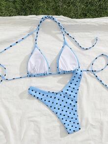 PEPPERMOLLY 新款柔软衬垫蓝白波点印花细肩带露背性感派对比基尼套装，夏季沙滩时尚女士泳装度假装 - 藍黑色 - 查看 4