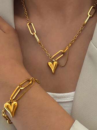 1 Set Minimalist Chic Stainless Steel Heart Necklace & Bracelet Jewelry Set, Fashionable & Versatile For Women