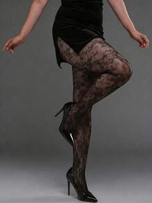 1pc Women's Jacquard Fishnet Stockings, Vintage French Floral Rose Bouquet Patterned Hollow Out Sexy Black Fishnet Tights - Black - View 11