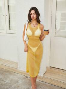 Halouya Solid Color Casual Elegant Pocket Split Hem Dress - Yellow - View 5