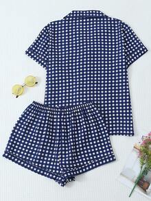 两件套女士格子印花睡衣套装，短袖纽扣领上衣和短裤，夏季休闲睡衣 - 寶藍色 - 查看 2