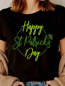 Crew Neck T Shirt White Happy St Patricks Day Green Text And Clover Print For Saint Patricks Day Celebration - 黑色 - 查看 1