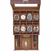 Watch Case 8 Slot Mens Watch Box Holder Organizer With Glass Lid 2-Layer Watches Display Case Mens Jewelry Box With Drawer Birthday Christmas Gifts For Men Women -8 Slot Espresso - 濃縮咖啡機+8槽 - 查看 1
