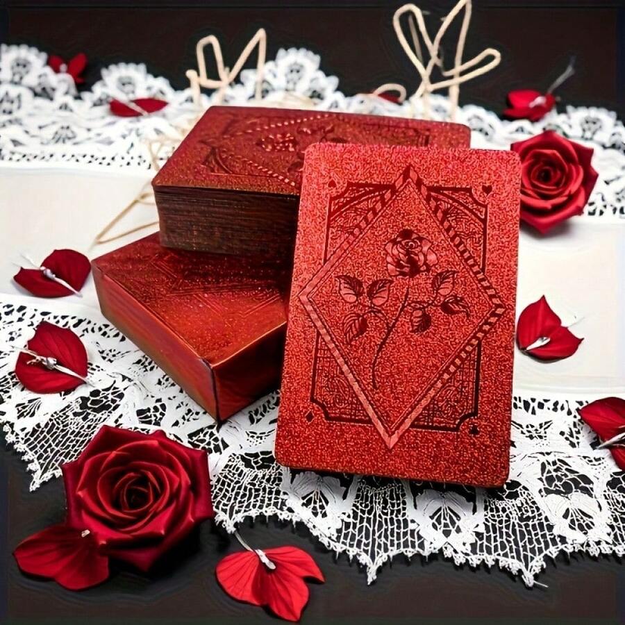 A Rose-Patterned PVC Playing Card Set - Durable, High-Grade Plastic Playing Cards, Waterproof, Long-Lasting, Stylish And Elegant, Suitable For Ramadan, Valentine's Day, New Year, Chinese New Year, Beer Festival - Universal Card Game, Party Game Gift. - Multicolor - View 1