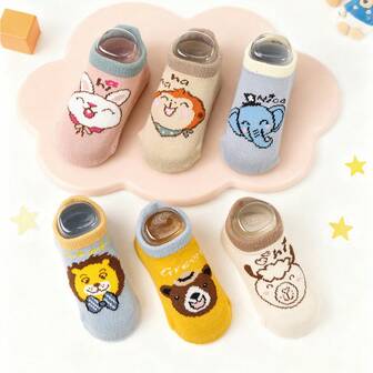 6 Pairs Cartoon Animal Pattern Anti-Slip Baby Socks