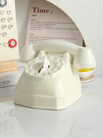 1个创意复古电话造型陶瓷纸巾盒，白色，适用于餐厅、客厅、办公室、浴室等场所的桌面纸巾收纳和装饰。