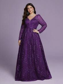 V-Neck Embroidered Lace See-Through Long-Sleeved, Large-Swing High-End Evening Dress Without Positioning - Purple - View 3