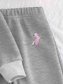 Chatreadl 2pcs Girls Unicorn Embroidery Solid Color Sweatshirt And Pants Set, Minimalist Design, Comfortable For Spring, Autumn And Winter - Light Grey - View 6