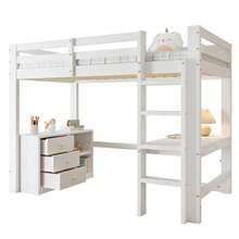 Children's Loft Bed With Desk, Drawers And Storage Shelf, Four-Step Ladder, Pine And MDF, White, 90 X 200 Cm - White + Solid Wood + Medium-density Fiberboard - View 10