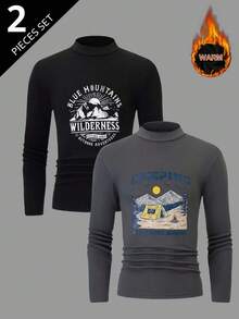 2pcs Men's Thermal Underwear, Champing & Mountain Print, Round Neck Long Sleeve Top, Thick Warm Casual Undershirt Pullover,Autumn/Winter