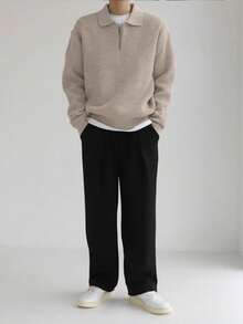 1 chiếc áo len nam và thiếu niên màu xanh nhạt trơn, kiểu dáng tối giản, đa năng, thích hợp mặc đi làm, mùa thu/đông. - Màu be - Xem 5