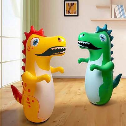 彩色恐龙充气拳击沙袋 - 垂直摇摆，耐用PVC材质，粉色/绿色/黄色，运动娱乐，游戏室必备，恐龙主题