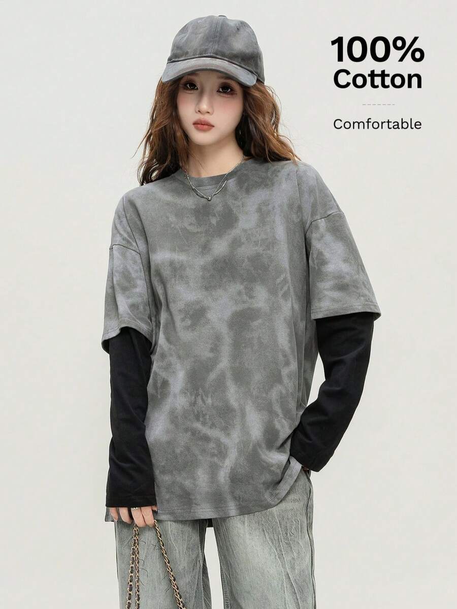 تي شيرت بطبعات مختلفة وأكمام طويلة، موضة للنساء الشابات، إصدار رأس السنة الجديدة - 409 رمادي وأسود - مشاهدة 1