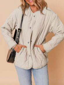 女式绗缝纽扣轻便夹克，带口袋，加厚外套，适合秋冬季 - 杏色 - 查看 3