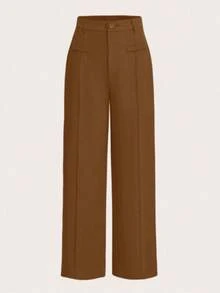 LIU ME Women's Tailored Trousers With Faux Pocket – High Waist And Wide Leg - Brown - View 1