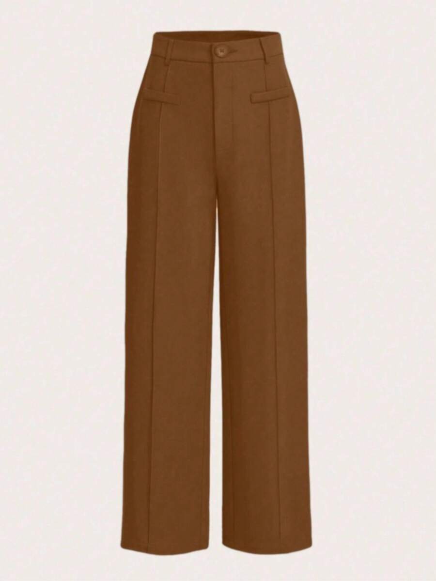 LIU ME Women's Tailored Trousers With Faux Pocket – High Waist And Wide Leg - Brown - View 1