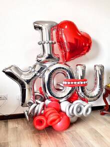 20pcs "I Love You" Column Balloon Set, Includes 16inch Silver "I YOU" Balloon, Heart Balloons, Latex Balloons, Suitable For Valentine's Day, I Love You, Engagement, Wedding Anniversary, Happy Valentine's Day, Romantic Atmosphere, Birthday, Party Decoration, Photo Booth Backdrop, Sweet Home Decor - Multicolor - View 6