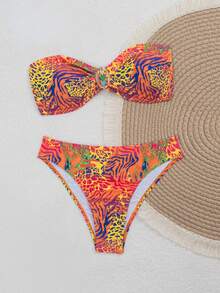 wohenmeili Women's Colorful Animal Print Bikini Set Vacation Beach Summer - Orange Base With Yellow, Blue, and Green - View 7