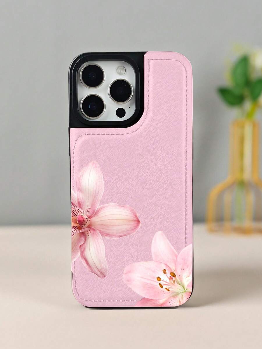 GALLAPLE Pink Lily Floral Design Stylish Wallet-Style Mobile Phone Case, Chic Protective Cover, Shockproof And Drop-Proof Case, Phone Case Comes With A Magnetic Slot Holder, Making It More Convenient To Store ID Cards, For IPhone 16Promax 16 15 14 13 12 Plus Pro S25Ultra 25 24 23 22 Plus Case - Hồng - Xem 1