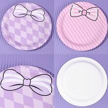 10/20/50pcs,Pink Purple Check Stripe Bow Disposable 7inch Paper Plates,Coquette Bow Dinner Plate,Cute White Striped Bow Print Round Plates,Lavender Argyle Check & Pink Diagonal Stripe Bow Pattern Plate For BabyShower Birthday Party Supplies - Multicolor - View 6