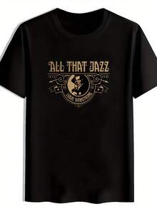 Camiseta Gráfica Negra para Hombre; Todo Eso Jazz; Diseño de Banda de Rock Retro con Impresión Beige y Dorada. Manga corta. Cuello redondo. Top casual de verano para amantes de la música. Playa. Vacaciones. Festival. o Regalo. Regalo para amantes de la música, diseño vintage de rock, camiseta ligera - Negro - Ver 1