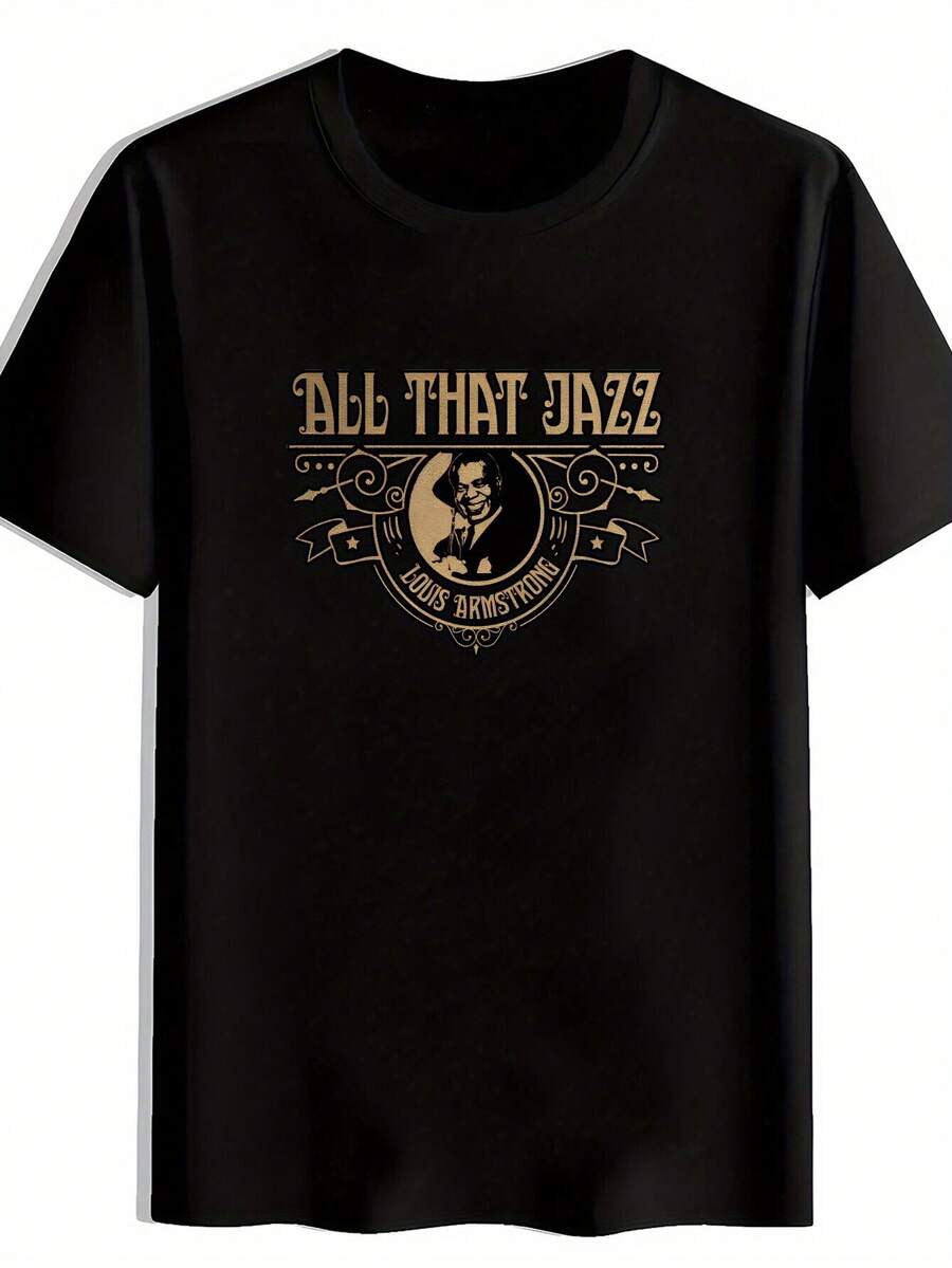 Camiseta Gráfica Negra para Hombre; Todo Eso Jazz; Diseño de Banda de Rock Retro con Impresión Beige y Dorada. Manga corta. Cuello redondo. Top casual de verano para amantes de la música. Playa. Vacaciones. Festival. o Regalo. Regalo para amantes de la música, diseño vintage de rock, camiseta ligera - Negro - Ver 1