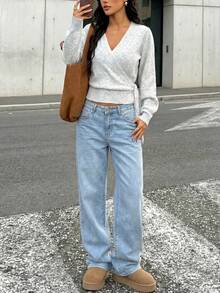 2025 Autumn/Winter Wrap Tie Knit Sweater, White, Women's Essential For Home, Commute, Date, Travel, Suitable For Various Occasions, Light Gray