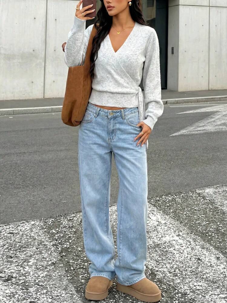 2025 Autumn/Winter Wrap Tie Knit Sweater, White, Women's Essential For Home, Commute, Date, Travel, Suitable For Various Occasions, Light Gray Spring - Light Grey - View 5