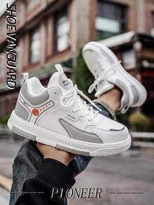 Men's Street Style Basketball Pattern Casual Sneakers, Retro Minimalist PU Mesh Patchwork Shoes For Outdoor, Everyday Wear, Suitable For Teenagers, All Seasons - white ash - View 5