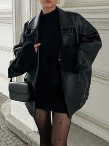 Oversized Basic Faux Leather Jacket, Long Sleeve, Double-Breasted Design, High-End, Autumn/Winter - Black - View 4