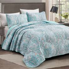 3Pcs Blue Paisley Queen King Double Bedspread Coverlet Bedding Sets (1 Quilt + 2 Pillow Cases), Fashion Paisley Design, Fresh & Minimalist, Comfortable Soft Breathable, Suitable For Bedroom, Home, Dorm, Christmas Day Gifts, Hotel Decoration, All Seasons - 淺藍色 - 查看 3