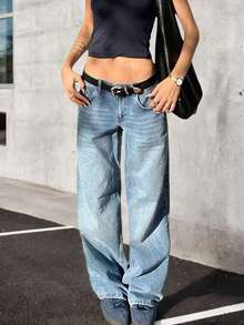 Y2K休闲日常穿搭水洗猫须后袋豹纹星形拼接直筒牛仔裤 - 藍色 - 查看 2