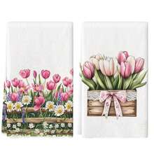 2pcs Tulip Print Kitchen Towel Set, Soft & Highly Absorbent Dish Towels, Cooking Baking Tea Towels, Washcloth, Hand Towels, Kitchen Decor, Neighbor/Mom/Birthday/Housewarming Gift - Purple - View 1