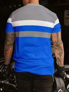 KOVSEE Camiseta masculina de manga curta com estampa simples em contraste, ideal para esportes ao ar livre, uso casual diário, corrida, basquete, futebol, respirável e de secagem rápida. Peça única. Ótima opção de presente para namorado no verão. - Azul - Ver 3