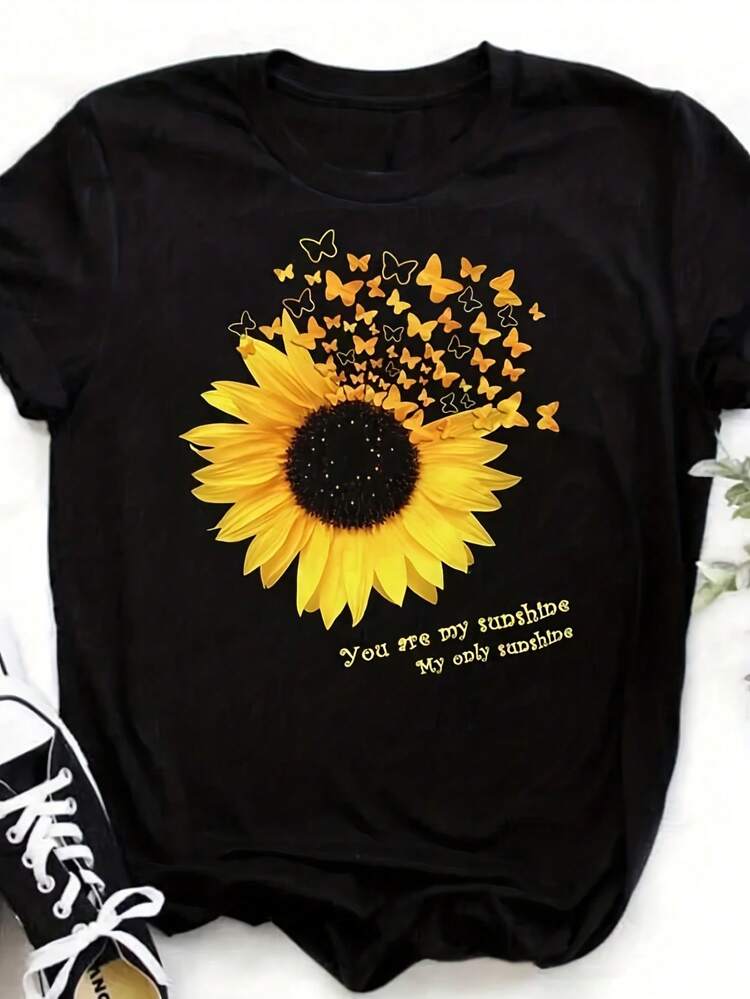 Camiseta con estampado de girasol y mariposa para hombre, ropa para hombre, camisetas gráficas, 70322 - Negro 11 - Añade 1