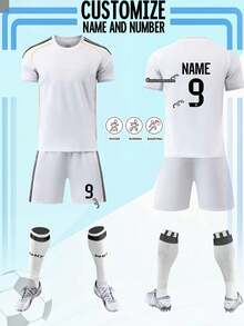 2pcs Football Jersey, Personalized Football Uniform, Men's Sports Suit, Running Set, Summer Men's Set, Men's T-Shirt Set, Football Jersey, Personalized Football Uniform, Football Jersey With Number Printing, Suitable For Football, Badminton, Basketball, Cycling - White - View 1