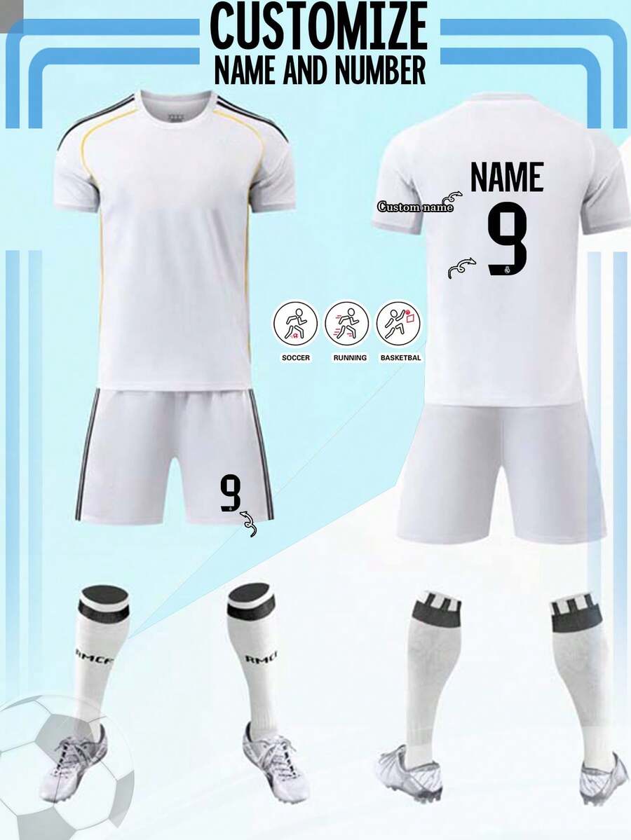 2pcs Football Jersey, Personalized Football Uniform, Men's Sports Suit, Running Set, Summer Men's Set, Men's T-Shirt Set, Football Jersey, Personalized Football Uniform, Football Jersey With Number Printing, Suitable For Football, Badminton, Basketball, Cycling - White - View 1