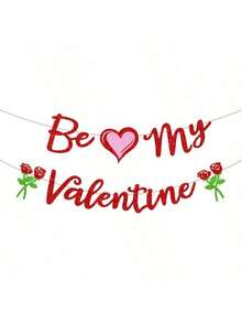 2pcs Heart-Shaped Rose Pull Flags, Valentine's Day Party Banner Hanging Decor, Glitter Rose Flower Decorations, Valentine's Day Atmosphere Decor, Event Party Decorations, Home Decor