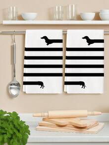 2Pcs Simple Animals Dish Cloths Microfiber Black White Stripe Dachshund Silhouette Cute Pet Lover Kitchen Daily Use - Black and White - View 6