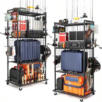 Fishing Rod Holders For Garage, 4 Tier Adjustable Fishing Pole Holders Up To 12 Rods, Fishing Rod Rack With Lockable Wheels For Large Tackle Box Storage And Fishing Equipment Organization