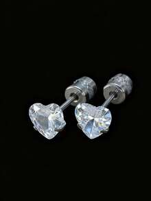 1 Pair Minimalist Stainless Steel Full Rhinestone Heart Stud Earrings For Men, Versatile For Daily Wear And Dates, Valentine's Day Exclusive Gift