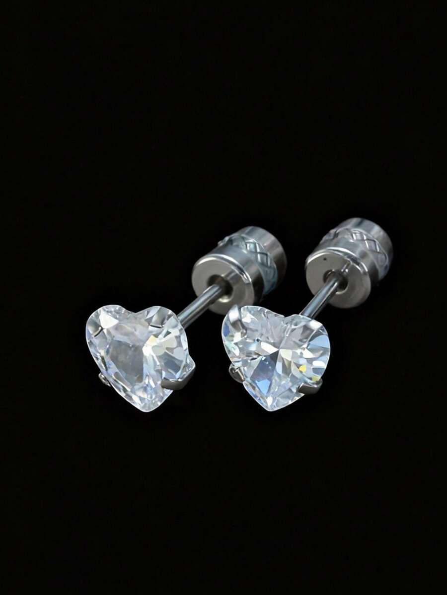 1 Pair Minimalist Stainless Steel Full Rhinestone Heart Stud Earrings For Men, Versatile For Daily Wear And Dates, Valentine's Day Exclusive Gift