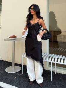 DEEKA 夏季新款女士时尚性感不对称蕾丝连衣裙，欧美风格，适合派对、新年等场合，黑色连衣裙，优雅大方 - 黑色 - 查看 3